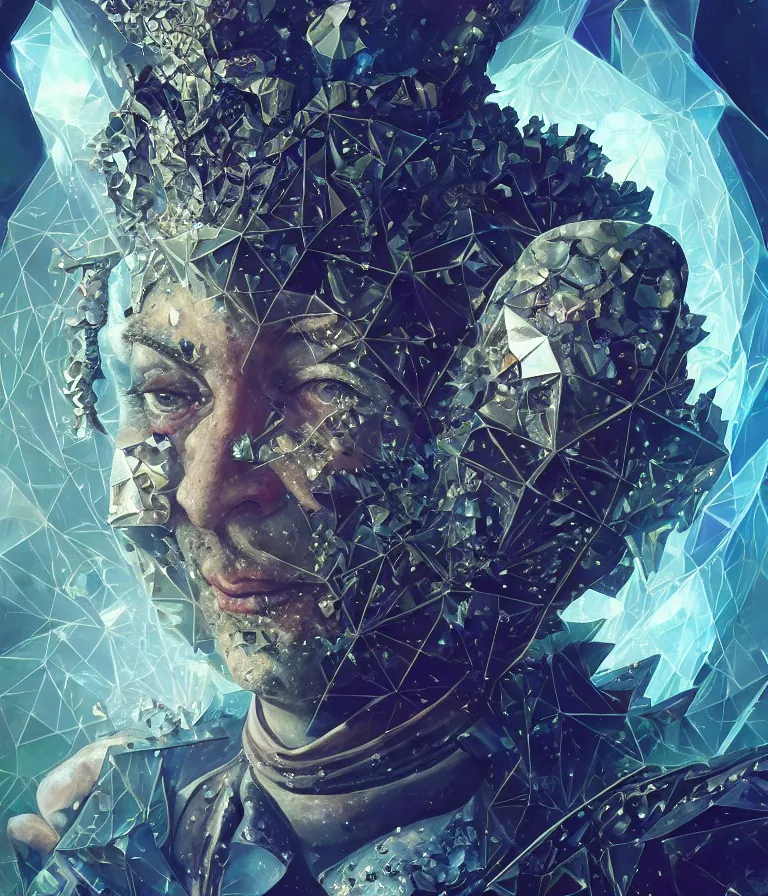 Image similar to front!!! shot of a court jester!!! character, mesmerizing fractal hypercubes, platinum cracked, dark holography!!!, future, metallic galactic, crystalline edges, polygonal, elegant, highly detailed, centered, (((artstation, concept art, jagged, sharp focus, artgerm, Tomasz Alen Kopera, Peter Mohrbacher, donato giancola, Joseph Christian Leyendecker, WLOP, Boris Vallejo))), ((raytracing)), mugshot!!!!!, ugly!!!!!!, octane render, nvidia raytracing demo, octane render, nvidia raytracing demo, octane render, nvidia raytracing demo, 8K, cinematic, masterpiece, fine portrait