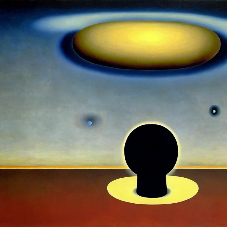Image similar to a man looks into his own painting and sees a black hole, by rene magritte and salvador dali, surreal, oil on canvas, hyper detailed