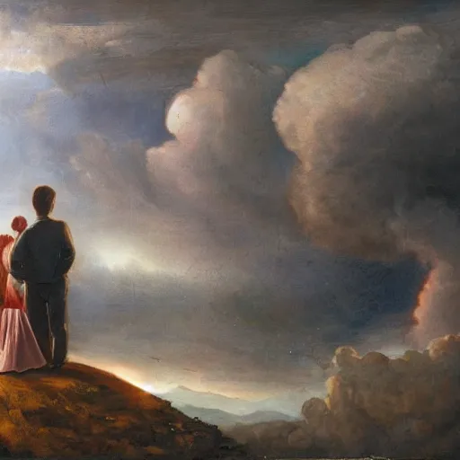 Image similar to a young couple watching the unfolding apocalypse, romantic