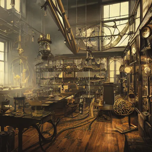 Prompt: inside steampunk science laboratory, edwardian architecture, steampunk interdimensional portal generator, steam, clouds, sparks, in the style of Alex Ross, octane render, cinematic, highly detailed, moody lighting