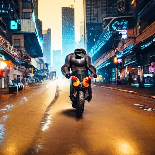 Image similar to a gorilla is riding a motor cycle in a cyberpunk city, shot from far away, during night, raining, many puddles on the street where the shiny motorcycle is reflected in