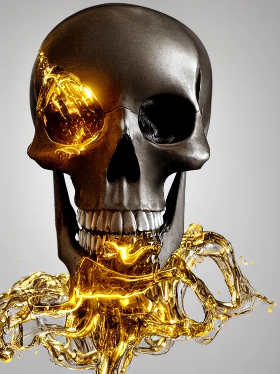 Image similar to photograph of a cyborg skull, glowing technical parts, golden fluid dripping down, studio lighting, 4k