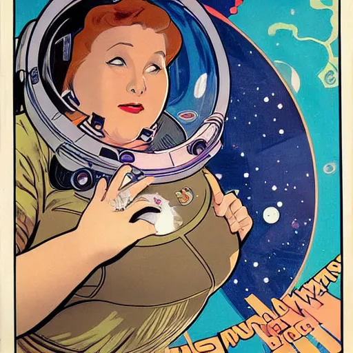 Prompt: a chubby woman with straight brown hair, floating in space. she is an astronaut, wearing a space suit. well composed, clean elegant painting, beautiful detailed face. comic book art by steve ditko and jack kirby and ( alphonse mucha )