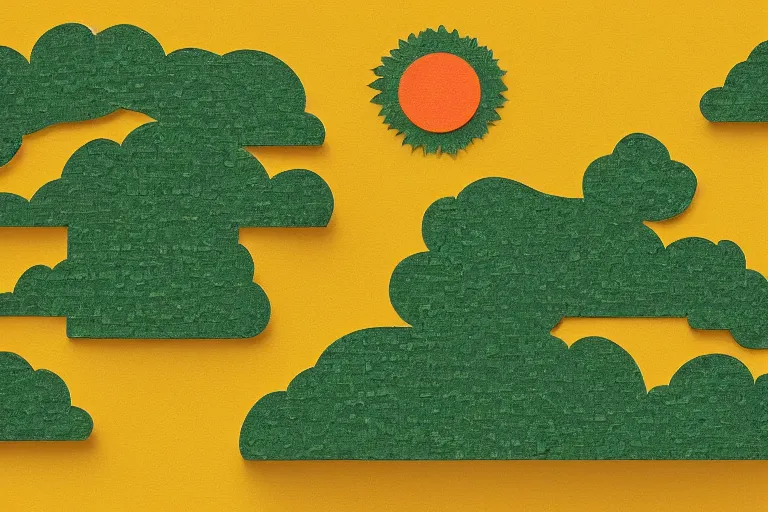 Image similar to paper craft, green textured hills and yellow sun graphic with white clouds and a colorful brick road, behance