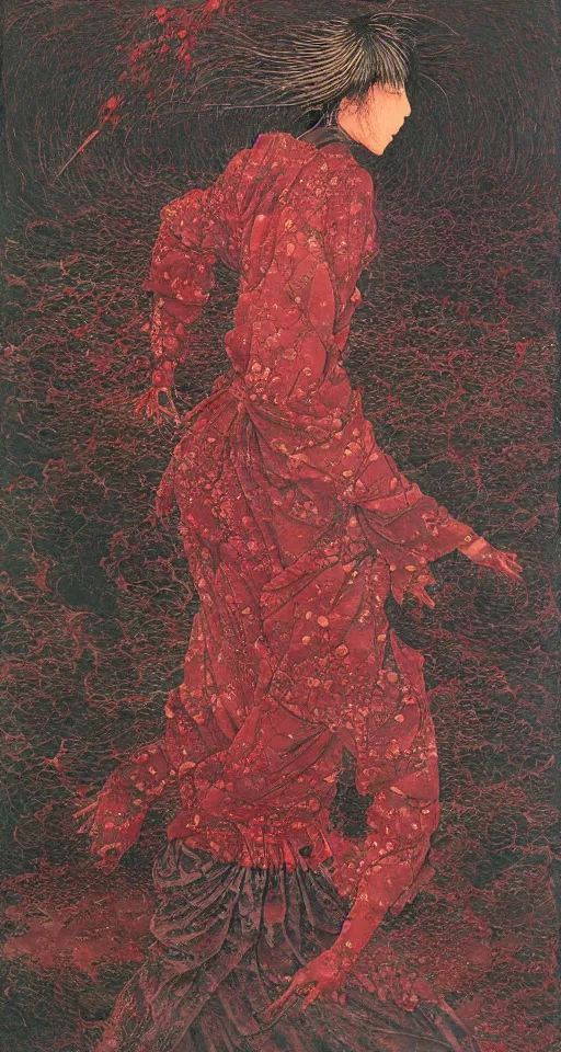 Image similar to Japanese schoolgirl runs away from Samurai with a katana on the subway, high detailed Beksinski painting, part by Adrian Ghenie and Gerhard Richter. art by Takato Yamamoto. masterpiece, deep colours, red