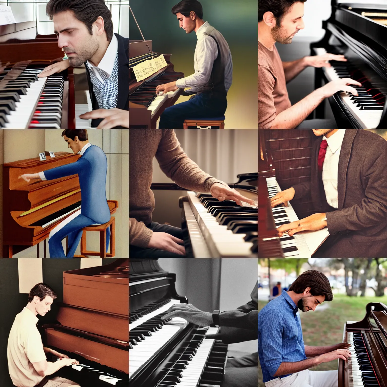 Prompt: handless handsome brown hair man playing the piano in public, photorealist, canon, award - winning, emotional