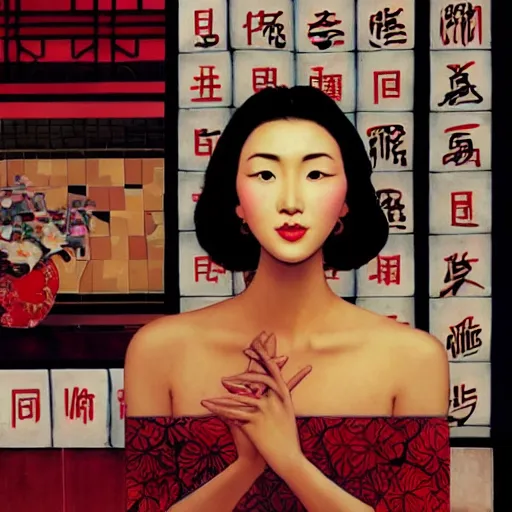 Prompt: young and beautiful Asian woman, close up shots , symmetrical face, with hands holding 2 Chinese Mahjong tiles, patterns facing to audience, painted by Kerry James Marshall and Vermeer, cinematic lighting of movies directed by Wong Kar Wei, Stanley Kubricks, Norman Rockwell, super realistic, ultra realistic, 4K, highly detailed.