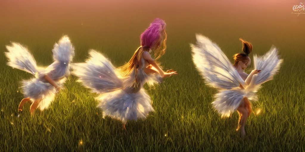 Image similar to magical fairy chickens frolicking in a field, autumn, sparkles, light beams, photorealistic, hyperrealistic, 8 k, trending on artstation