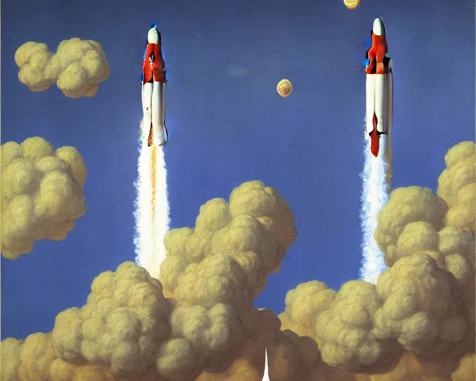 Image similar to an achingly beautiful print of a Saturn V rocket lifting off from the launchpad by Raphael, Hopper, and Rene Magritte. detailed, romantic, enchanting, trending on artstation.