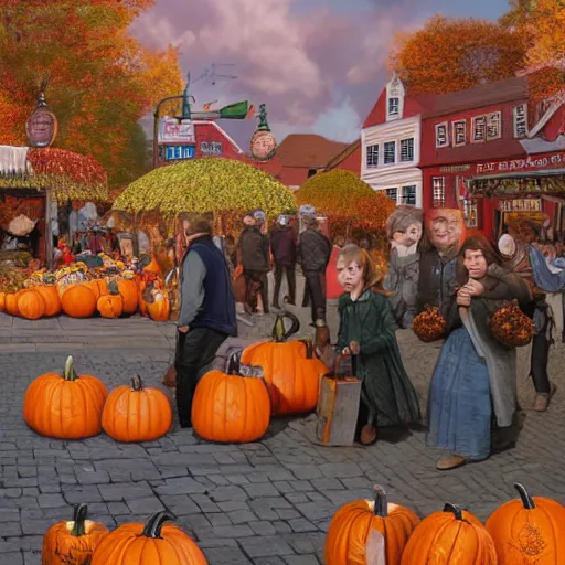 Prompt: pumpkin people selling goods at a market in a vermont town square, fall foliage, cobblestone streets, new england colonial buildings, intricate details, sharp focus, digital art, hyper realistic, 4 k, unreal engine, highly detailed, hd, dramatic lighting by brom, trending on artstation