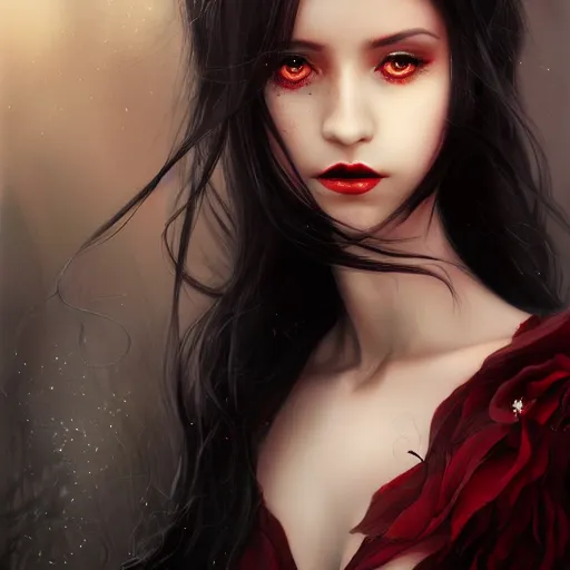 Image similar to beautiful vamipire, black flowing hair, red tattered dress, realistic character concept, beautiful girl, identical eyes, gazing eyes, beautiful eyes, medium shot, elegant pose, fantasy, illustration, slender symmetrical face and body, artstation, cinematic lighting, hyperdetailed, cgsociety, 8k, high resolution, Charlie Bowater, Tom Bagshaw, single face, insanely detailed and intricate, beautiful, elegant, golden ratio, dark fractal background, vfx, postprocessing, alluring, looking at you, angry eyes, etheral, glowing, magic