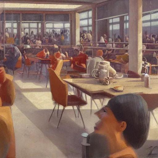 Image similar to a worried person in a crowded busy dystopian cafeteria interior by otto frello