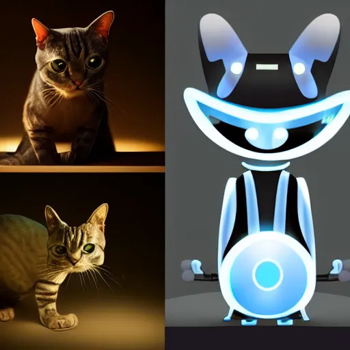 Image similar to an alien cat and a robot, dynamic lighting