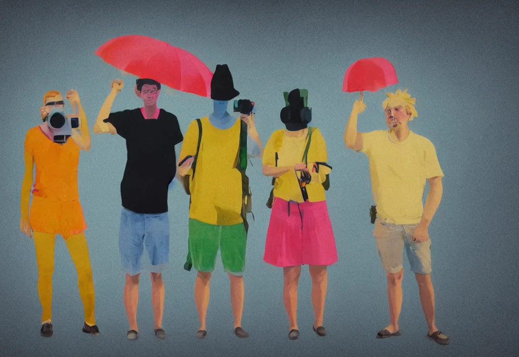 Image similar to full body portrait of a trio of european tourists with nikon cameras, character designs painting, in the style of wes anderson, rene magritte, lola dupre, david hockney, isolated on white background, dark monochrome neon spraypaint accents volumetric octane render