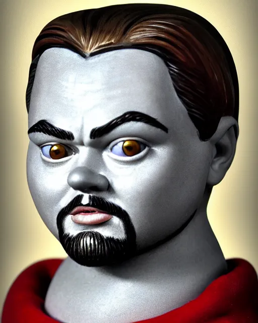 Image similar to highly detailed closeup, face profile portrait of a tin toy leonardo dicaprio as a medieval goblin eating cakes in a castle, hyper realistic, artstation, illustration, nicoletta ceccoli, mark ryden, lostfish, dan decarlo, bob clampett, max fleischer, digital paint, matte paint, vivid colors, detailed and intricate environment