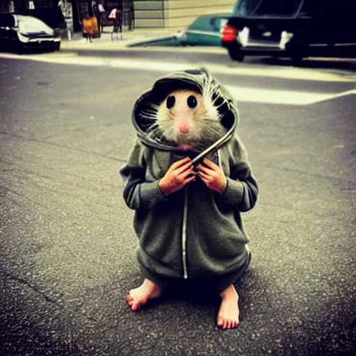 Image similar to “ hamster dressed as a homeless person sitting at an intersection with arms stretched out holding a tin can ”