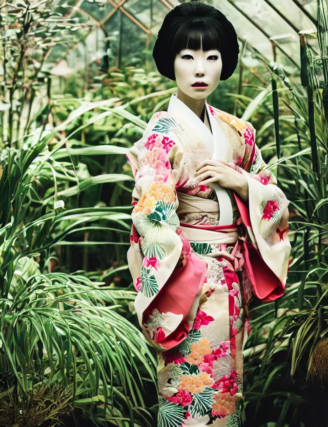 Prompt: fashion photograph of a beautiful Japanese woman wearing a traditional kimono in a tropical greenhouse, by Annie Leibowitz, by Alessio Albi, extremely detailed, large format camera, Fuji Provia film, 85mm lens, bokeh, blurred background, photorealistic, trending on instagram, trending on artstation