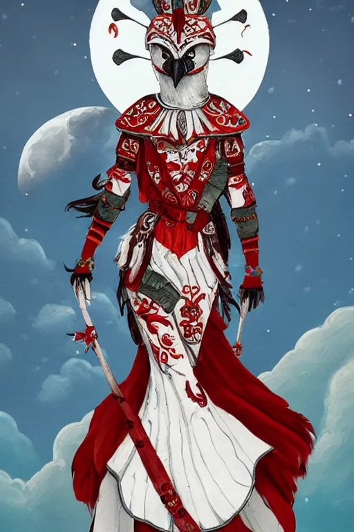 Image similar to female adventurer in tight full - body white embroidered leather armor of vyshyvanka design with red accents and a red porcelain crow mask, trending in artstation, ukrainian, artstation, big moon in the background, establishing shot