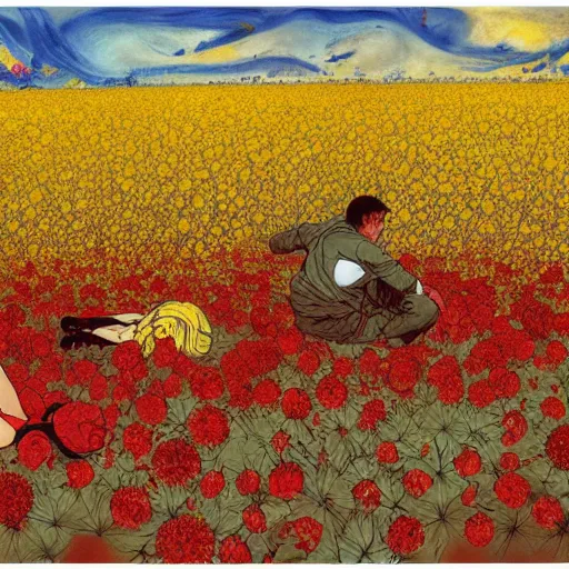 Image similar to 2 people in red desert drowning in a sea of yellow flowers, surrounded by swirls of prickly flowers rage , highly detailed, intricate, surreal, painting by Franz Marc, part by Yoji Shinkawa, part by Norman Rockwell