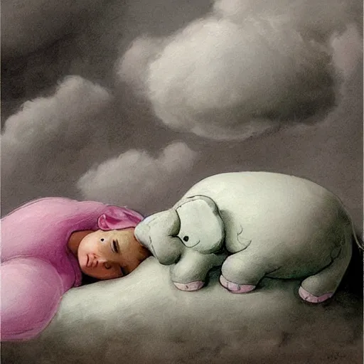 Prompt: “falling asleep with cute elephants made from clouds, illustration, detailed, smooth, pink white and green, by adolf lachman”