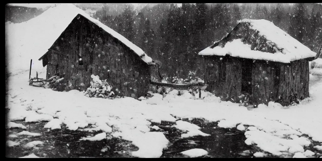 Prompt: 1 9 2 0 s photography of hut in the alps being submerged in snow, krampus hay monster crawling out of it