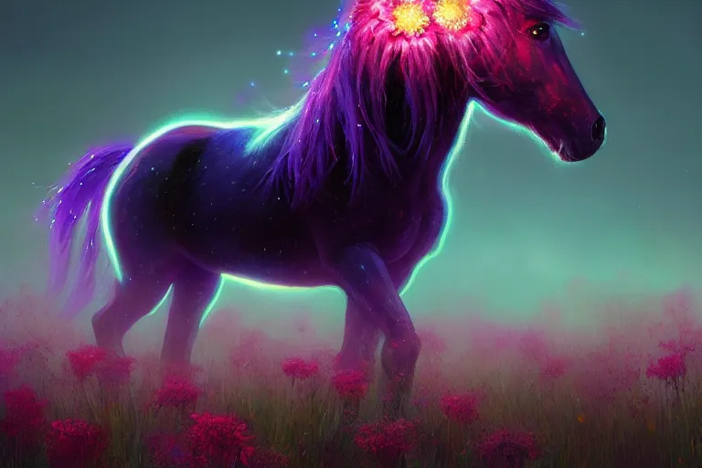 Image similar to a stunning digital painting of a horse with a mane of bioluminescent flowers running through a field of flowers by greg rutkowski, flowerpunk, volumetric light, digital art, fine detail, photorealistic