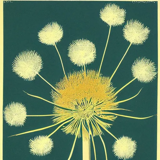 Prompt: color lithograph of a dandelion by adolphe millot