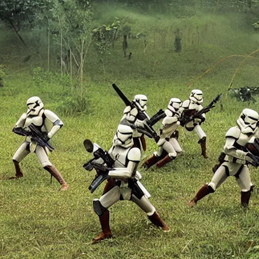 Image similar to star wars clone troopers combat soldiers in vietnam, photo, old picture, lush landscape, jungle, firearms, explosions, helicopters, aerial combat, active battle zone, flamethrower, air support, jedi, land mines, gunfire, violent, star destroyers, star wars lasers, sci - fi, jetpacks, agent orange, bomber planes, smoke, trench warfare