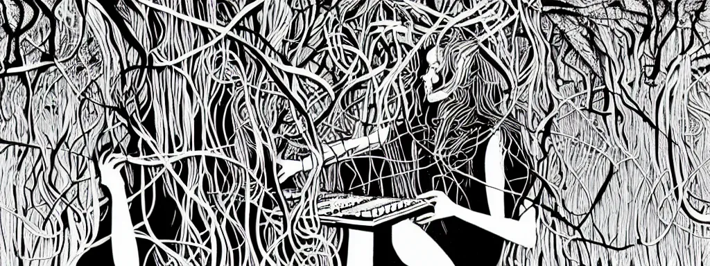 Image similar to a grunge technogaianist long-haired blonde digital musician playing modular synthesizer in the forest, technology and nature swirling in harmony, plugging vines into the synthesizer, trees swaying to the beat, postmodern surrealist concert poster, grainy poster art, hand drawn matte painting by Tara McPherson and Gary Houston, smooth, sharp focus, extremely detailed, 50mm.