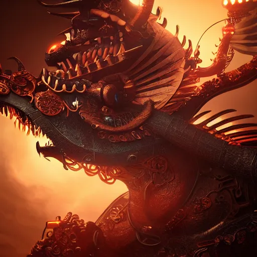 Prompt: A steampunk Chinese dragon, epic composition, cinematic lighting, 8k, octane render, trending on ArtStation