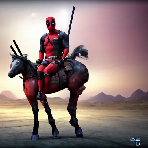 Prompt: Deadpool riding an unicorn. Location is a desert. 3d rendering in unreal engine 4, 4k