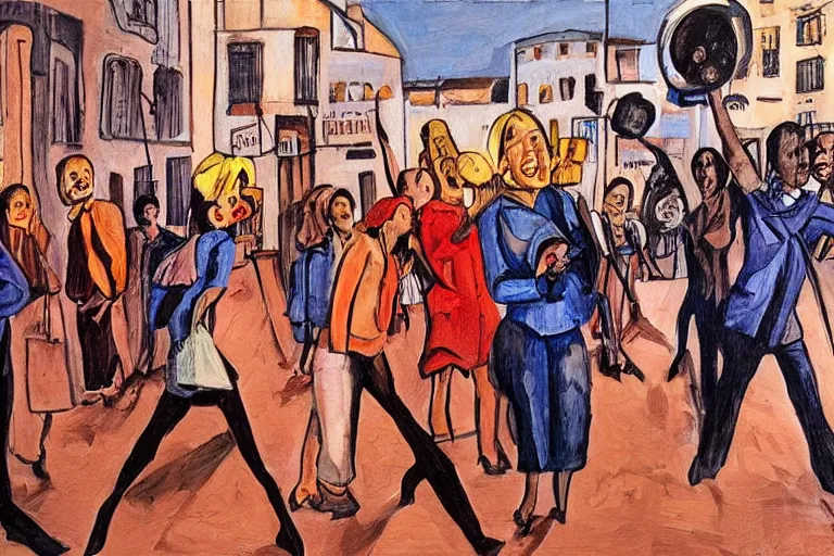 Image similar to feminist revolution, lisbon city at night, art in the style of paula rego