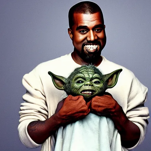 Image similar to kanye west smiling and holding holding yoda for a 1 9 9 0 s sitcom tv show, studio photograph, portrait