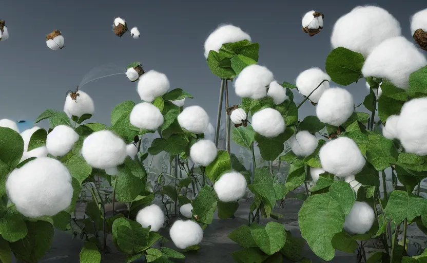 Prompt: explosions in the form of realistic cotton plants on harbour bridge, huge cotton plants everywhere, smooth, sharp focus, highly detailed, 3 d octane render, epic lighting, crazy atmosphere, lots of cotton plants, 8 k, by goro fujita