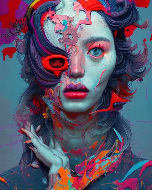 Image similar to portrait, most beautiful form of chaos, mixed media, a brutalist designed, vivid colours, cryptic, mystical, pop surrealism by james jean, roby dwi antono, ross tran, steven kenny, paul neberra, ashley wood, atmospheric, trending on artstation. 8 k masterpiece.