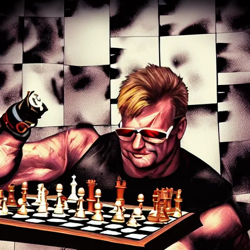Image similar to Duke Nukem playing chess, Duke Nukem art style, explosive background