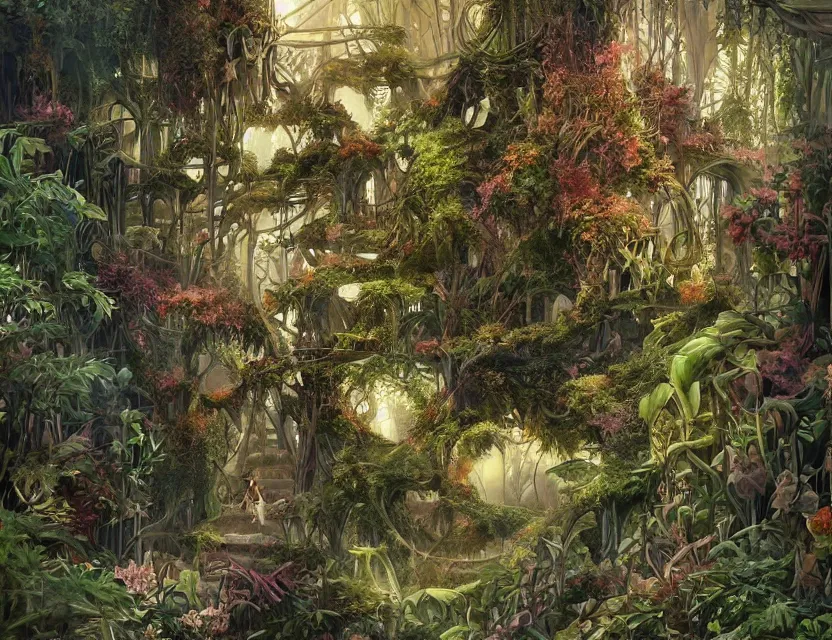 Prompt: the clockwork princess overgrown by plants. this oil painting by the award - winning mangaka has interesting color contrasts, plenty of details and impeccable lighting.