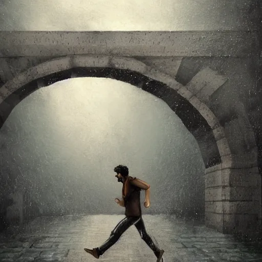 Image similar to italian tall young man with short curly hair and beard, running under a bridge of stone while it rains heavily, romantic view, extremely detailed, digital painting, trending on deviantart