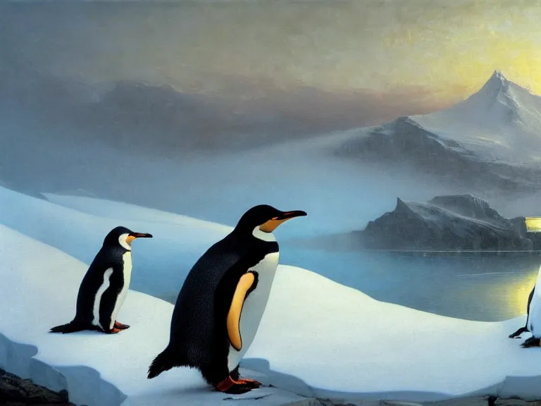 Image similar to an oil painting of a penguin next to a frozen ocean and a misty glacier at dawn. by tuomas korpi moebius and carl spitzweg. baroque elements. intricate artwork by caravaggio. oil painting. oil on canvas. award winning. dramatic. trending on artstation. 8 k