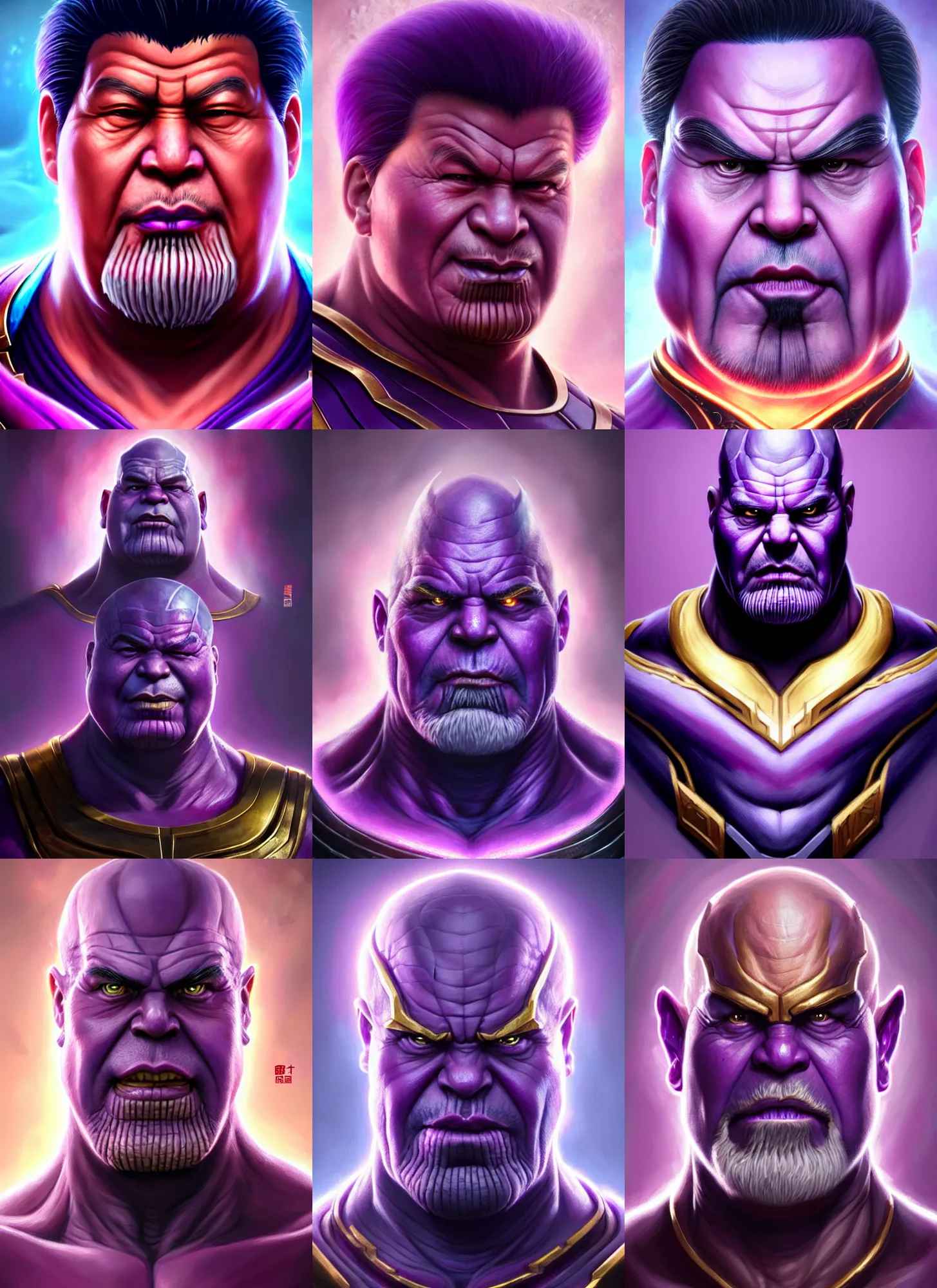 Prompt: a fantasy style portrait painting a character if xi jinping and thanos had a son, purple skin, powerful chin, thanos style traits, painting, unreal 5, daz., rpg, portrait, extremely detailed, artgerm greg rutkowski _ greg