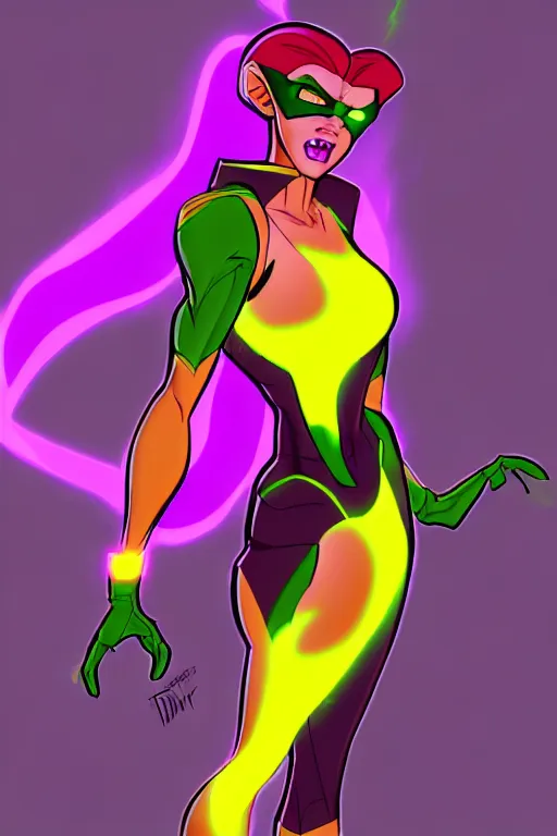 Image similar to toxic terri, a supervillainess with mutagenic powers, glowing energy effects, full color digital illustration in the style of don bluth, artgerm, artstation trending, 5 k