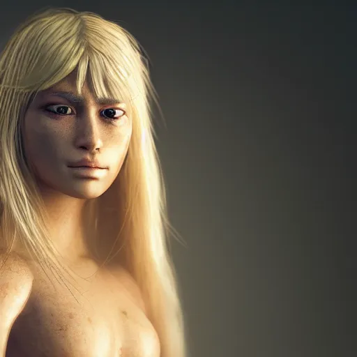 Image similar to legendary blond female warrior, shallow depth of field, moody lighting, 8 k, concept art, 2 0 mm lens,