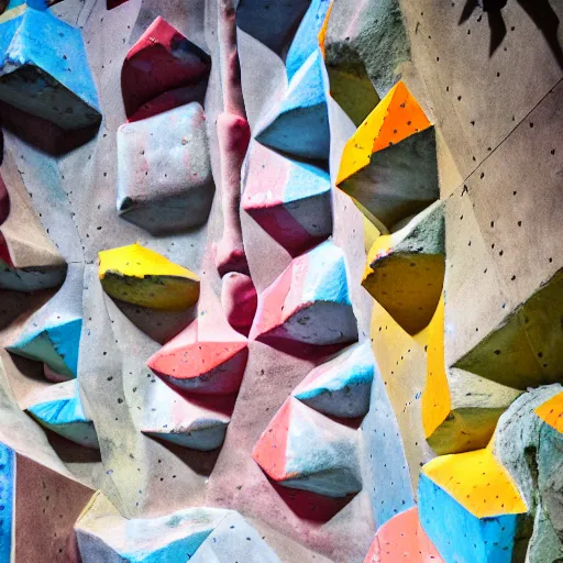 Image similar to looking up at a bouldering wall with brightly colored holds and volumes, holds and vikumes made of human faces, iso, mm, octane,