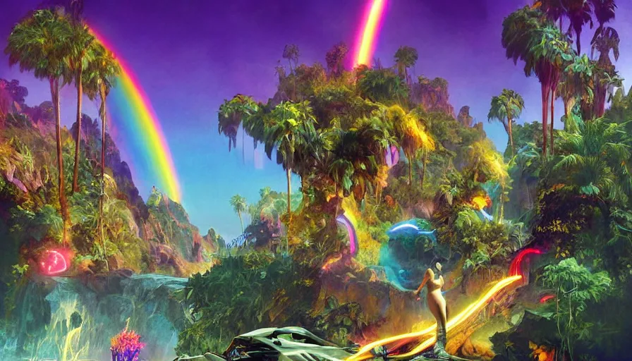 Prompt: frank frazetta art, science fiction landscape, glowing woman from the future, colorful creatures and neon palm trees, rainbow in the background, shape shifting water, deviant art, unreal engine, realistic shading, realistic render, octane render, detailed textures, photorealistic, wide shot