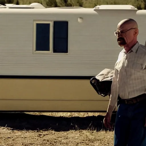 Image similar to film still of walter white carrying a bodybag into an old rv on the tv show breaking bad, cinematic, 4k