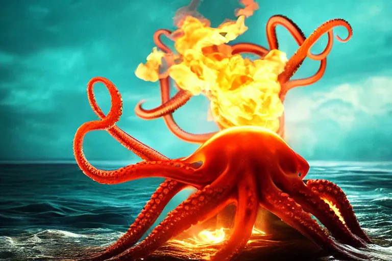 Image similar to an octopus with fire on its tentacles is jumping from the sea, strong waves, puffy clouds, orange end blue palette, 4k, ultra details, cinematic, epic style, beautiful photo, hyper realistic, octane render, unreal engine, award winning, on artstation, volumetric lightning, masterpiece, golden hour,