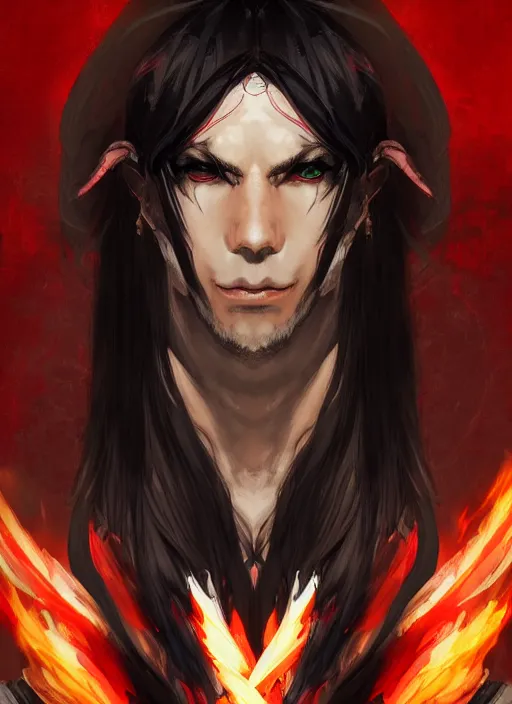 Prompt: Half body portrait of a handsome elf fire mage with long black hair wearing ornate scarlet robe, fire magic. In style of Yoji Shinkawa and Hyung-tae Kim, trending on ArtStation, dark fantasy, great composition, concept art, highly detailed, dynamic pose.