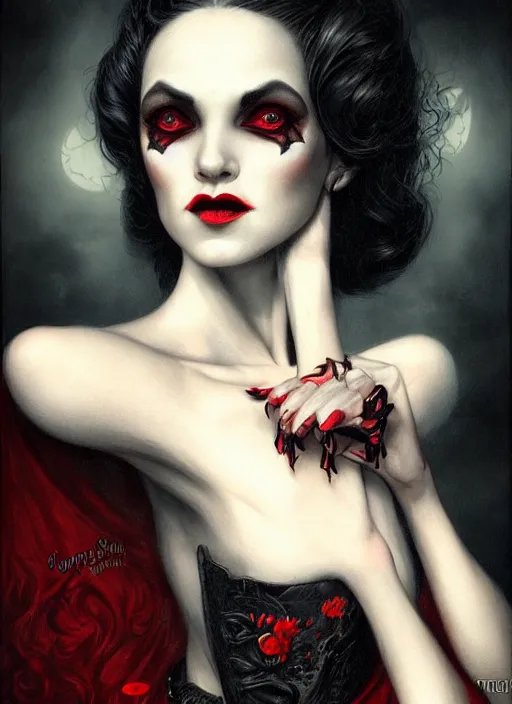 Image similar to friendly regal vampiric woman portrait by james jean, manuel sanjulian, tom bagshaw