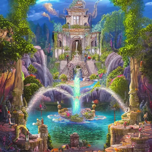 Prompt: the fountains of paradise, highly detailed painting, featured on artstation