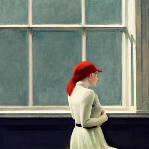 Prompt: Elle Fanning in front of a window watching the rain, by Edward Hopper, Extremely detailed. 8K. Award winning.